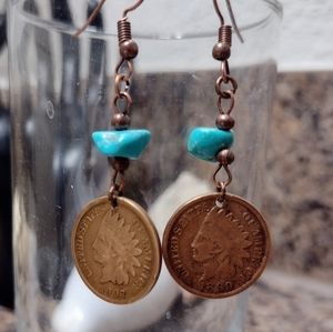 ANTIQUE Handmade Chip Turquoise Indian Head Penny Drop Hook Copper Earrings
